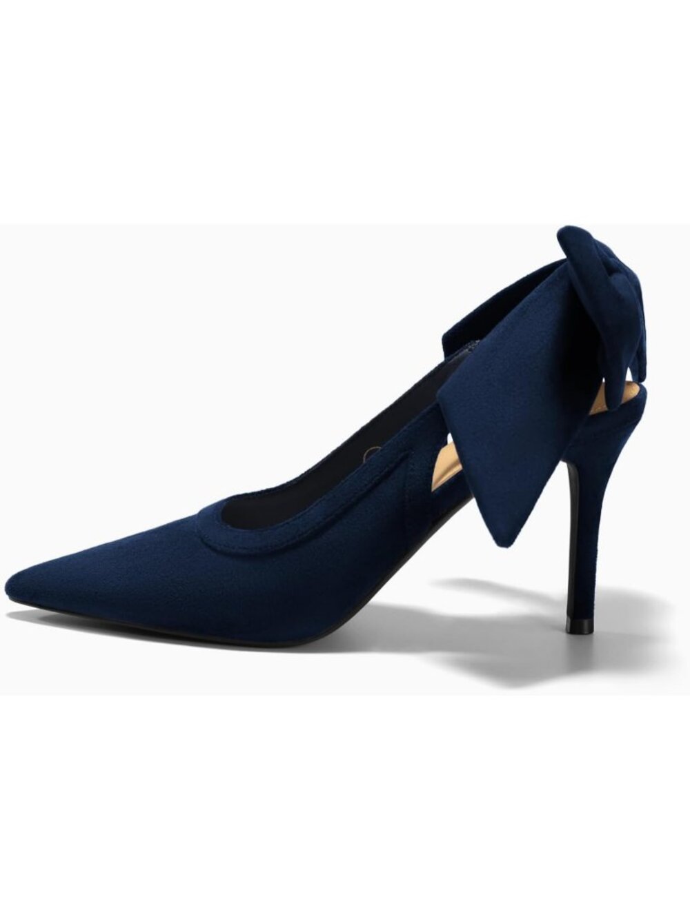 Women Suede Navy Blue Slingback Bow Closed Pointed Toe Lace Patchwork High Heels - Picture 4 of 6